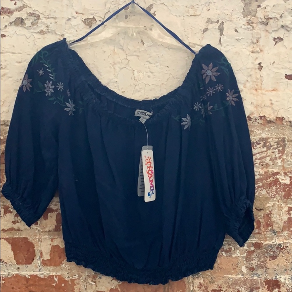 Adorable off the shoulder navy Boho crop top